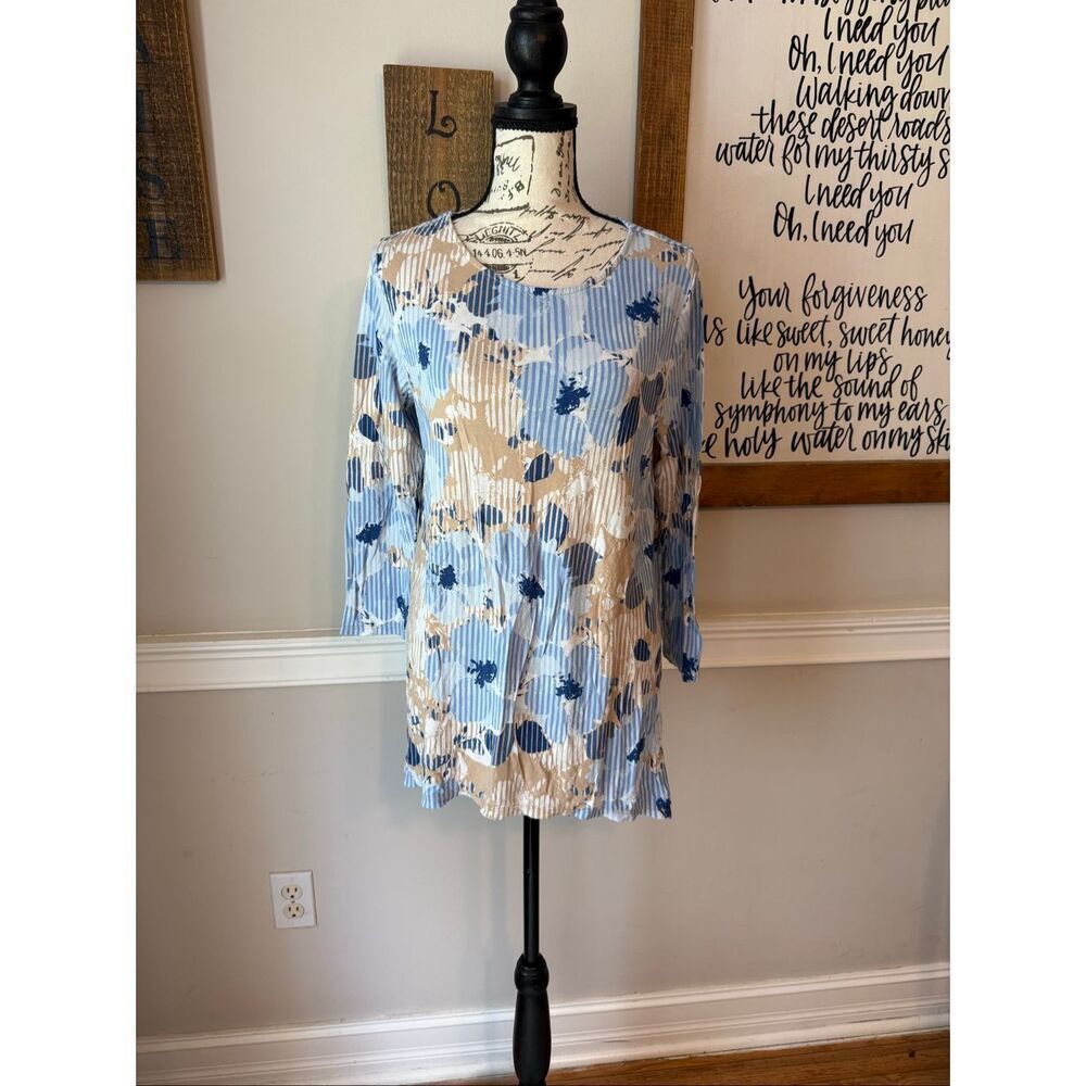 Ruby Rd. Women's Floral Striped 3/4 Sleeve Round Neck Tunic Top Blue Brown Small